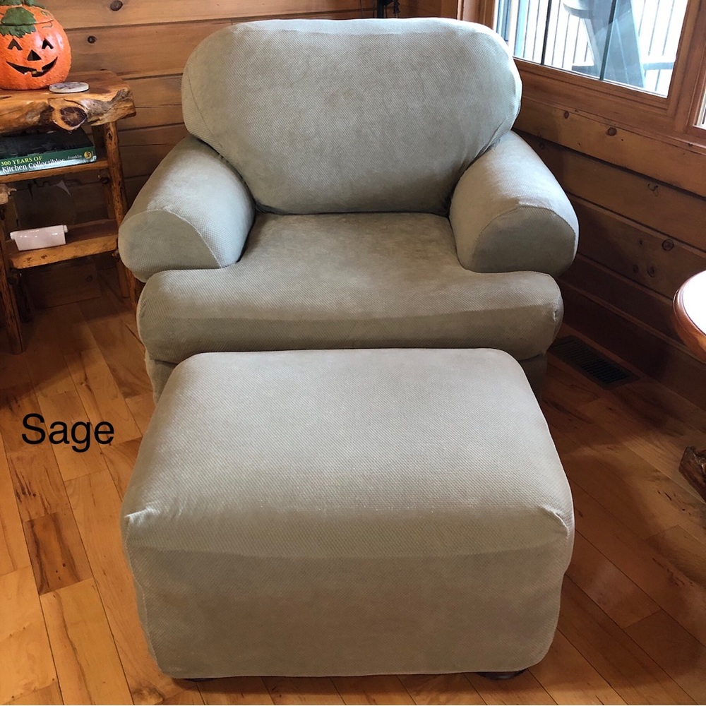 SURE FIT Sage Green Stretch Pique Chair (T-Cushion) and Ottoman Slipcovers NWOT - Picture 14 of 15